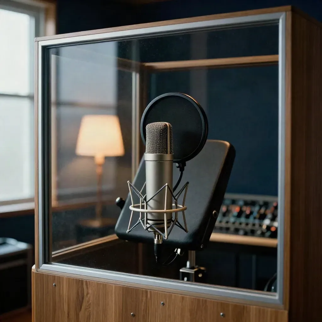 Cabine voix off premium, micro, anti-pop, pupitre incliné et vitre de studio dans une lumière dramatique.