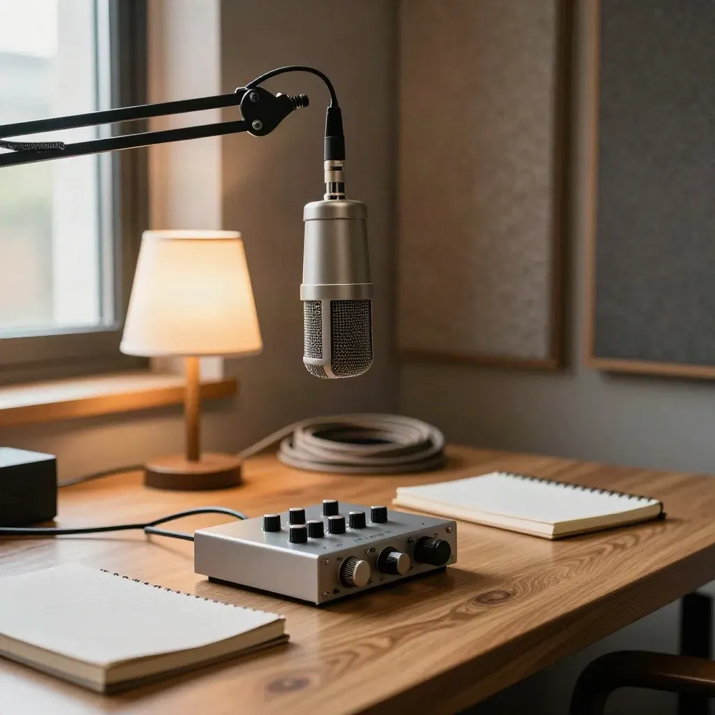 Coin podcast chaleureux avec micro suspendu, interface audio, carnet fermé et lampe de table.