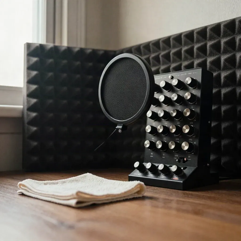 Chaîne vocale nettoyée dans une cabine, avec anti-pop, mousse acoustique et rack audio.