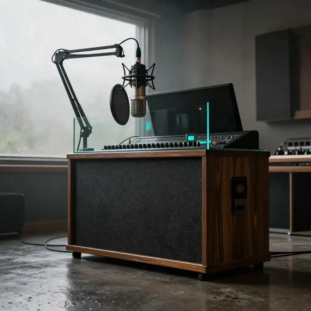 Cabine voix off vitrée en chêne sombre, micro suspendu, halo cyan et brume matinale.