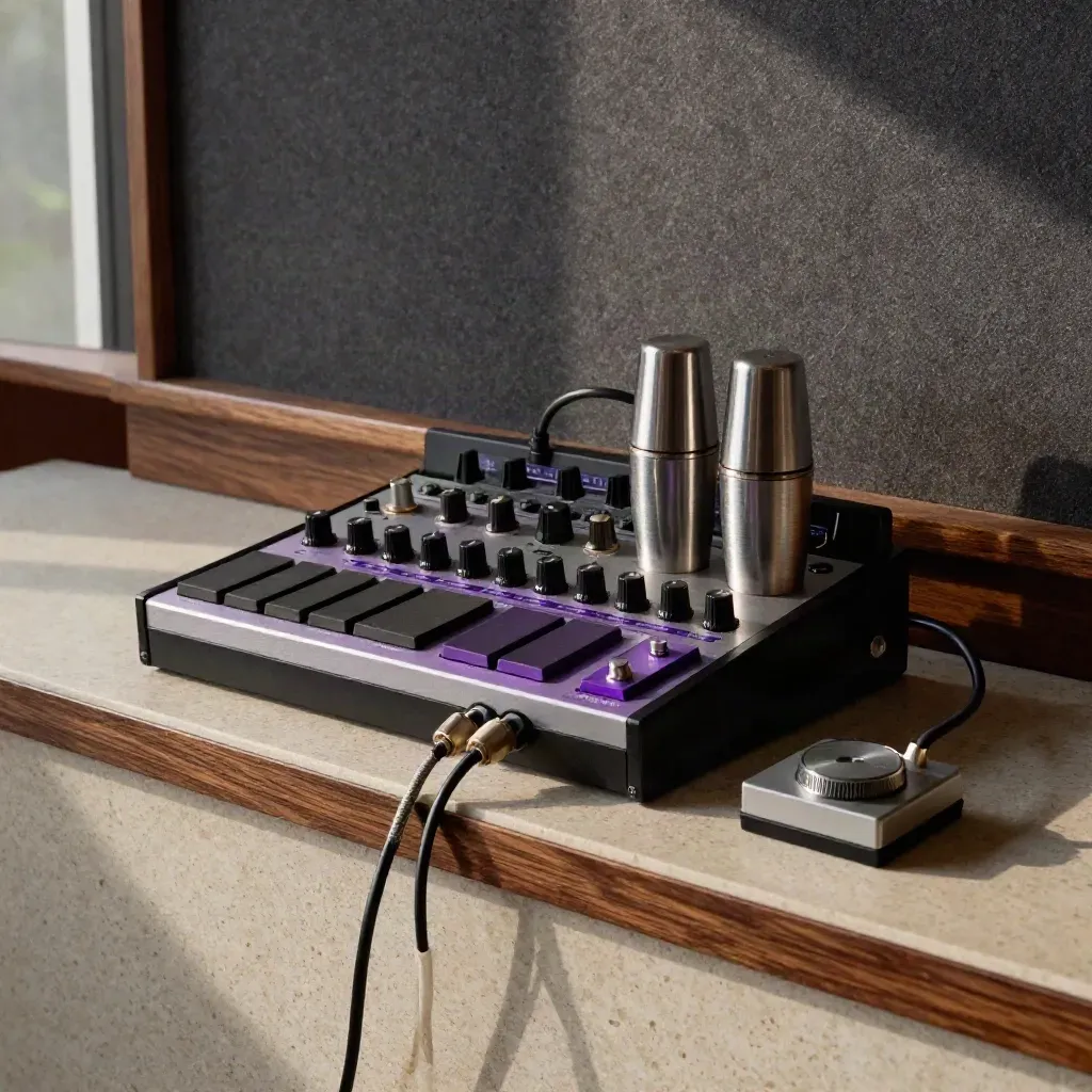 Pile de synthés, pads et câbles patch sur travertin, ambiance de studio audio.