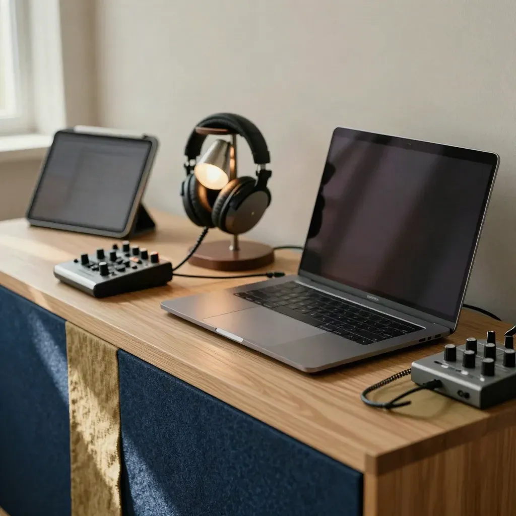Station de direction à distance prête, avec lampe talkback, laptop fermé, casque et tablette floue.