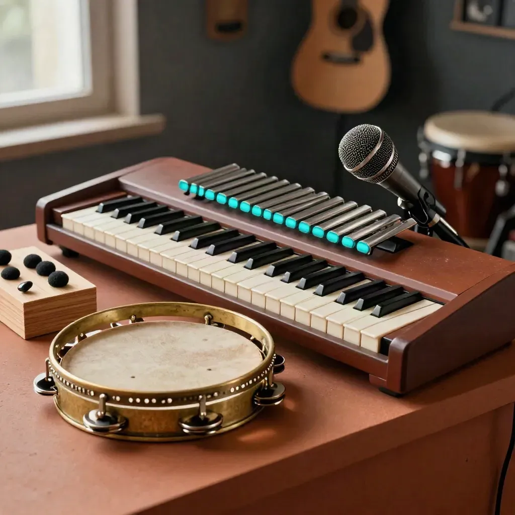 Tableau de jingle avec mini clavier, tambourin, barre de carillons et micro en studio brumeux.