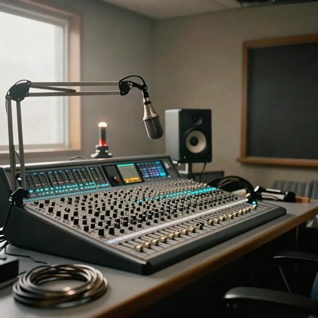 Console radio lumineuse, micro et voyant on-air dans un studio vide.