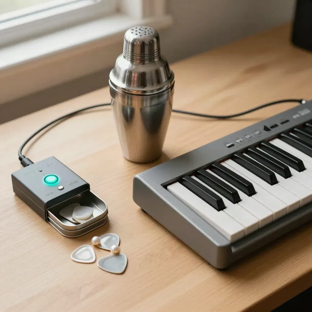 Clavier compact, shaker, boîte de médiators et interface audio sur un établi beige.