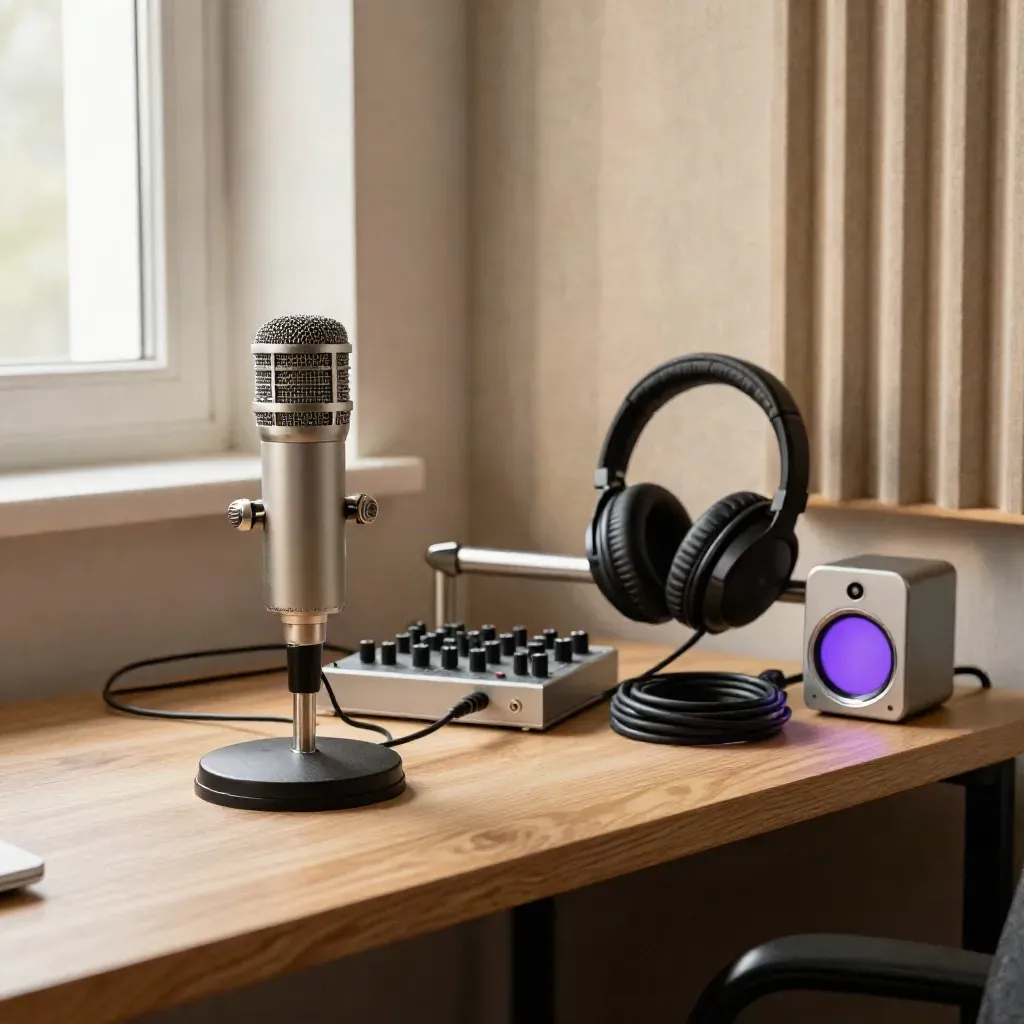 Rig podcast compact avec micro, synthé, casque et câble sur étagère en chêne, lumière chaude.
