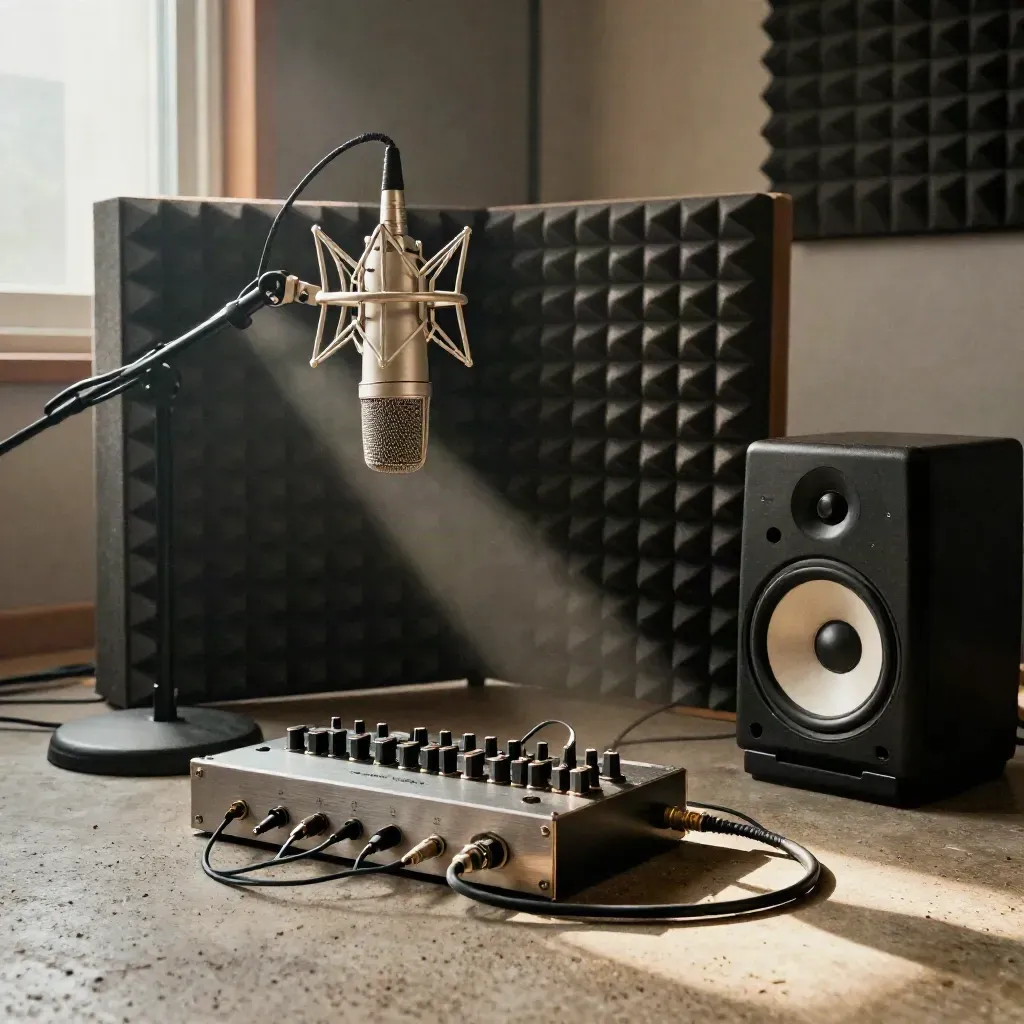 Chaîne d’interview nettoyée dans un studio, vue basse dramatique avec mousse acoustique et moniteur.