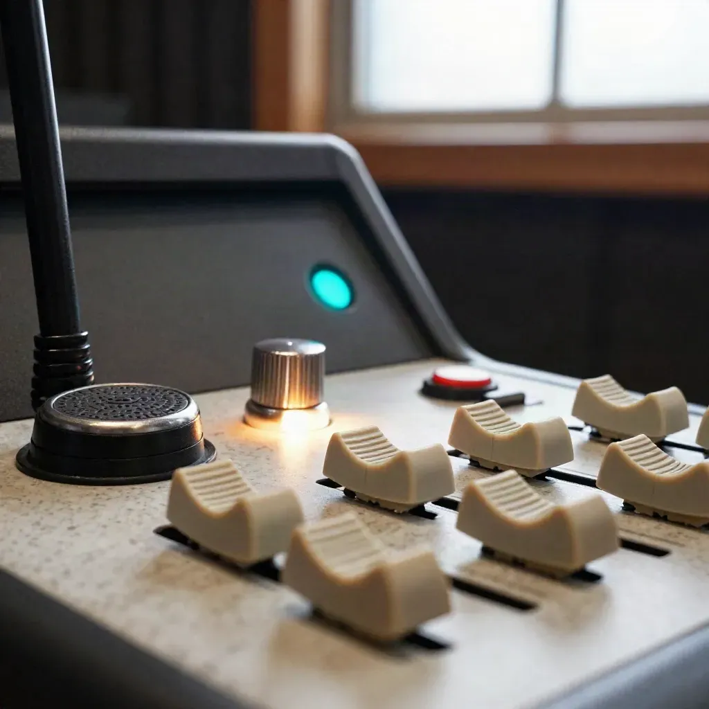 Gros plan macro d’une console de studio avec bouton talkback, molette master, voyant cue et faders.