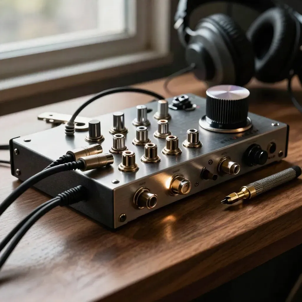 Banc audio avec patch bay, interface, bobine de soudure et adaptateur casque sur bois sombre.