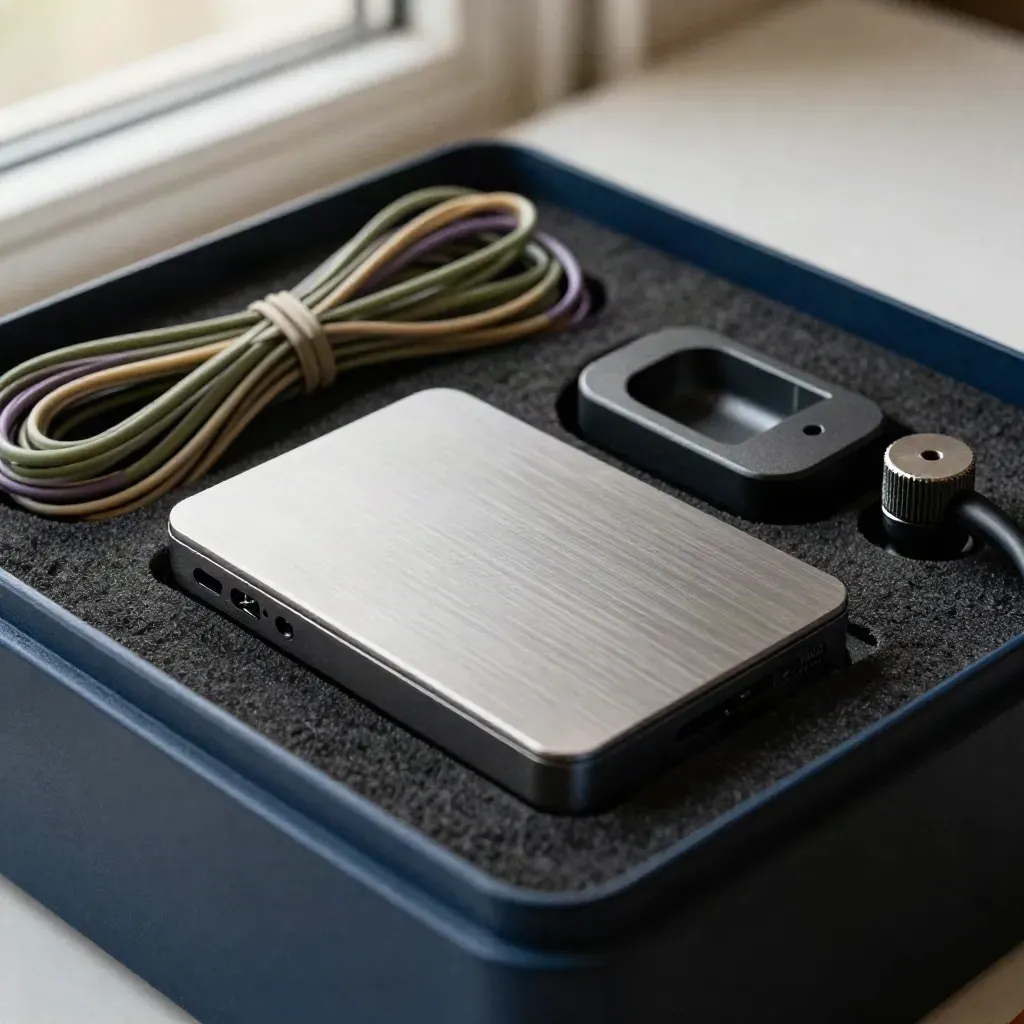 Kit audio avec colliers de câble, boîtier SSD et station de casque dans une mousse sombre.