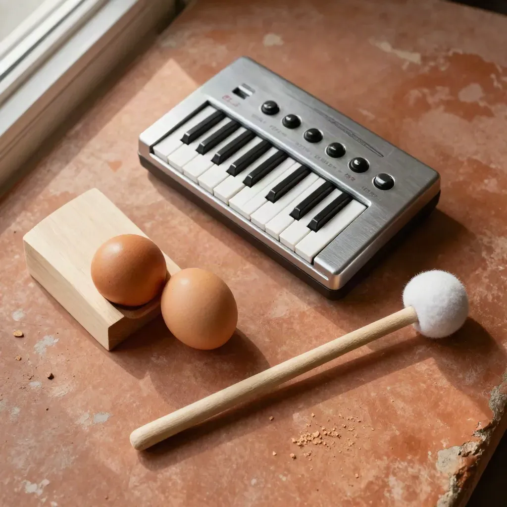 Vue zénithale d’une palette de jingle avec mini clavier, shaker eggs, wood block et maillets.