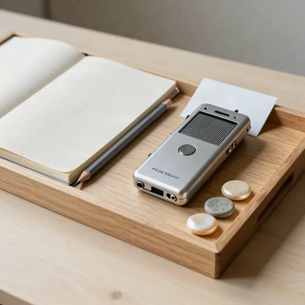 Kit de brief avec carnet fermé, enregistreur vocal et échantillons de couleurs sur bois pâle.