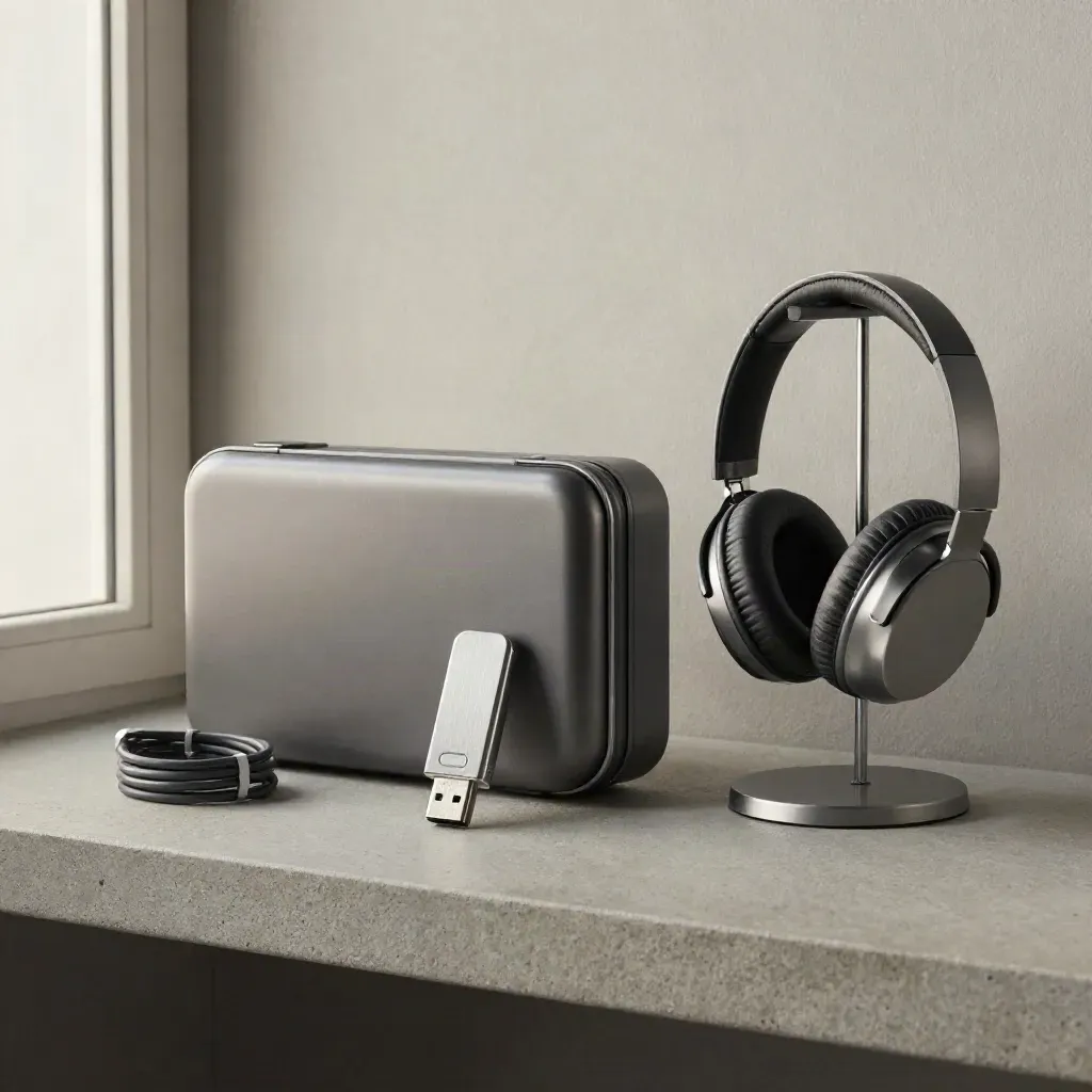 Clé USB argentée, boîtier fermé, attache de câble et support casque sur étagère en pierre.