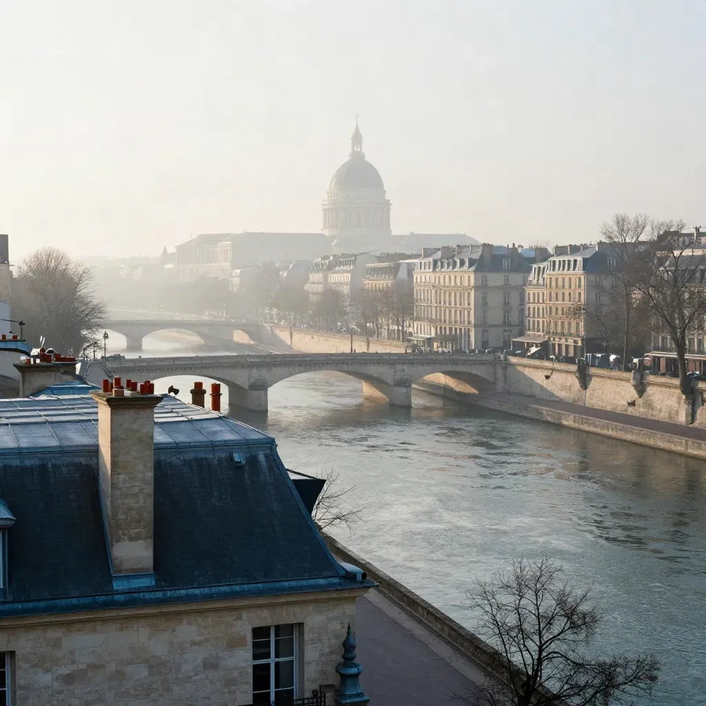 Paris et la Seine dans la brume d’hiver, toits de pierre et pont au lever du jour.