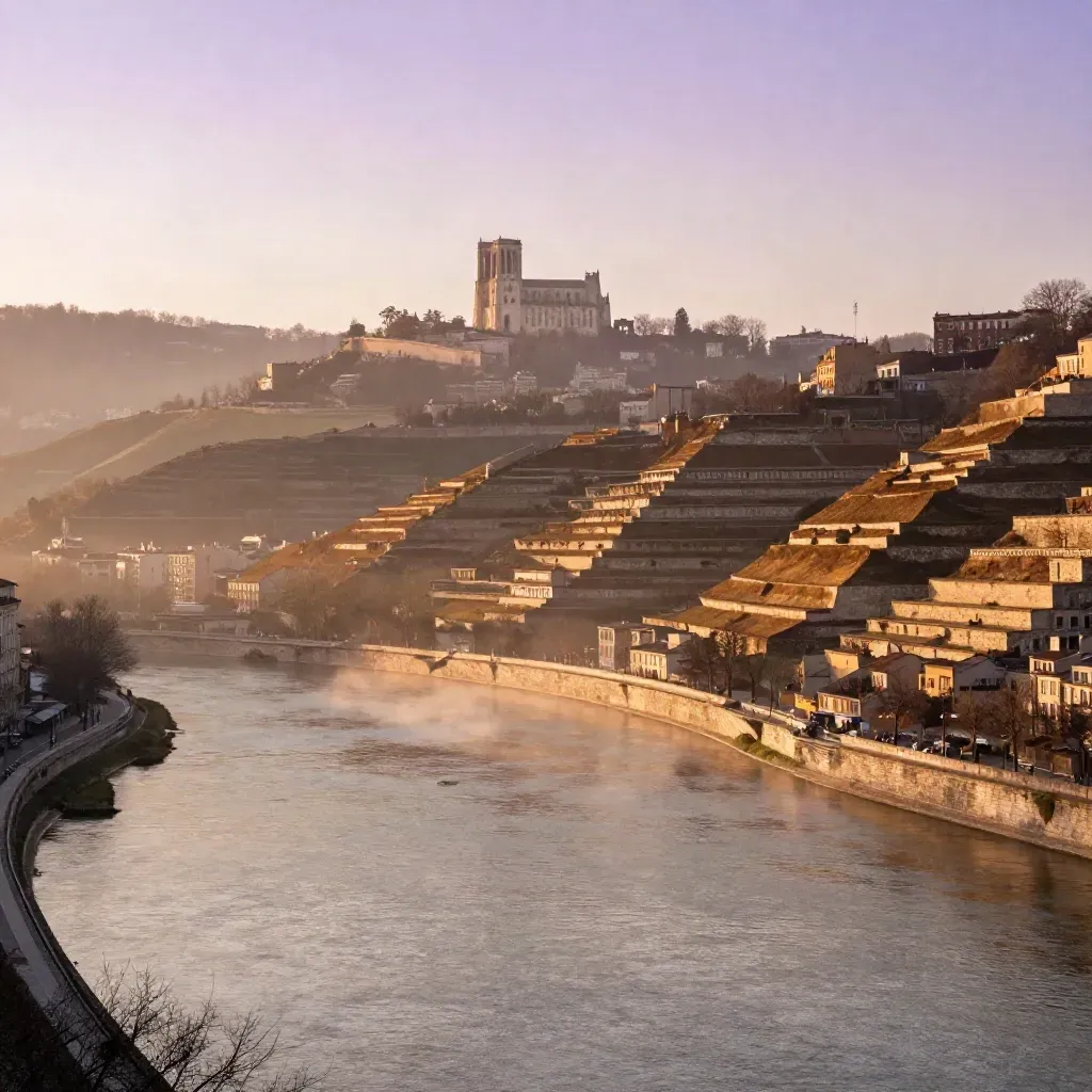 Vue dorée de Lyon, confluence et basilique lointaine dans la brume du matin.
