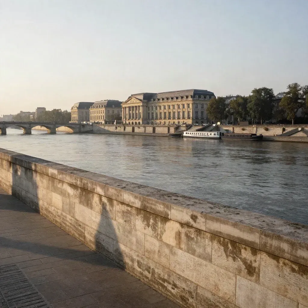 Quais de pierre à Bordeaux au crépuscule, façade classique lointaine et eau calme argentée.