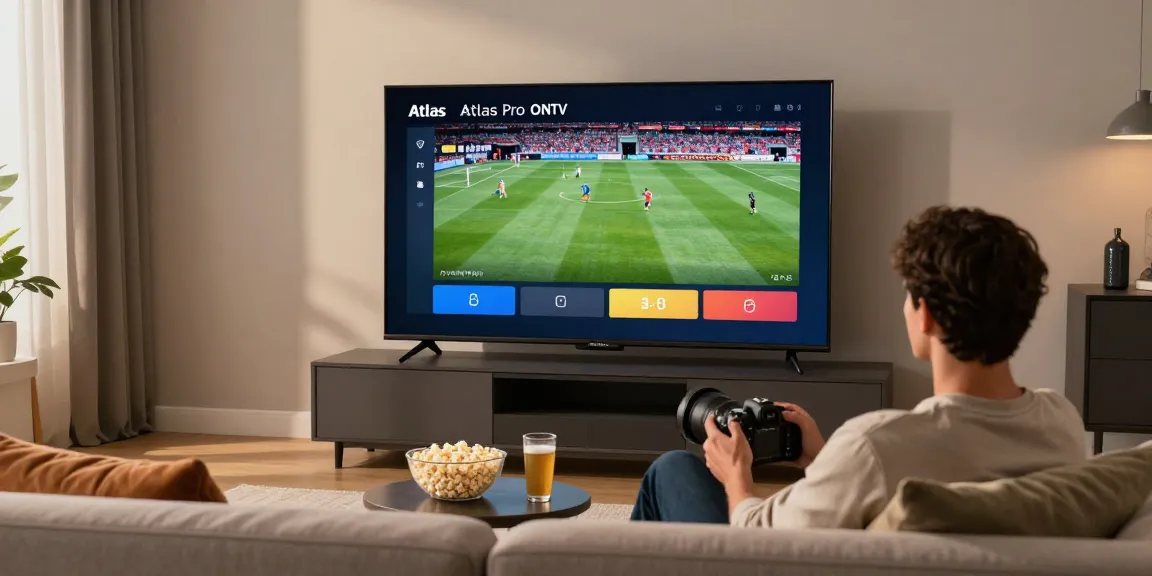 Utilisateur profitant d'une expérience de streaming avec Atlas Pro ONTV dans un salon moderne.